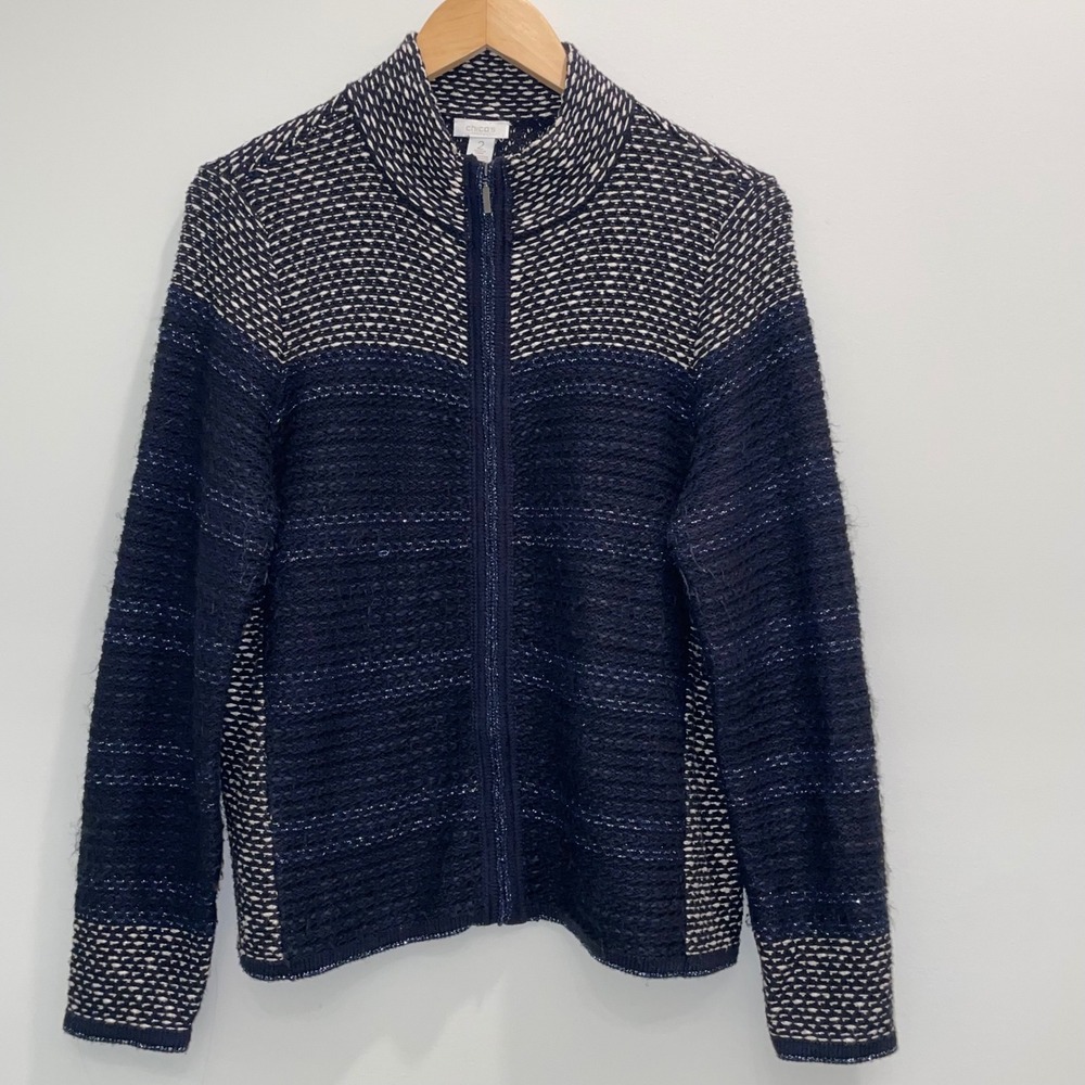 Chicos Womens Navy Blue White Metallic Mixed Knit Full Zip Cardigan Sweater Sz 2